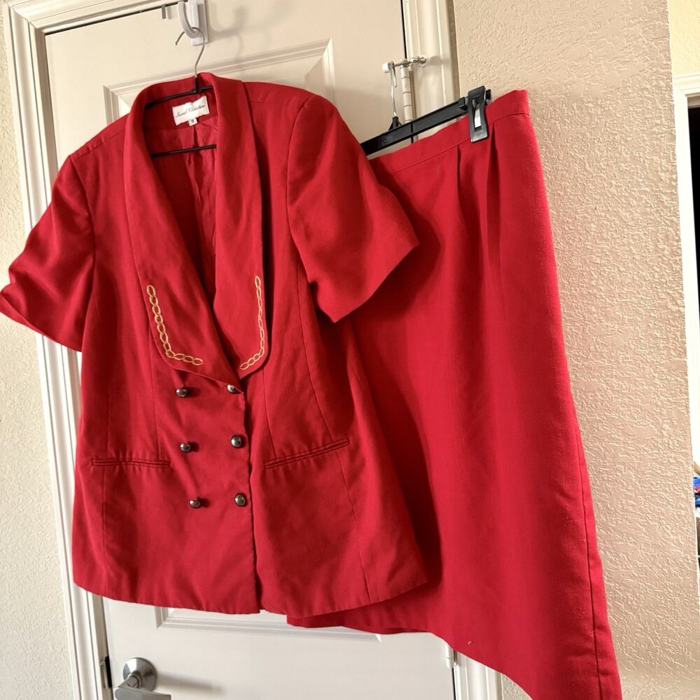 Vintage Red Skirt Suit Women 18 Sarah Christine Beaded Collar Church Career Set